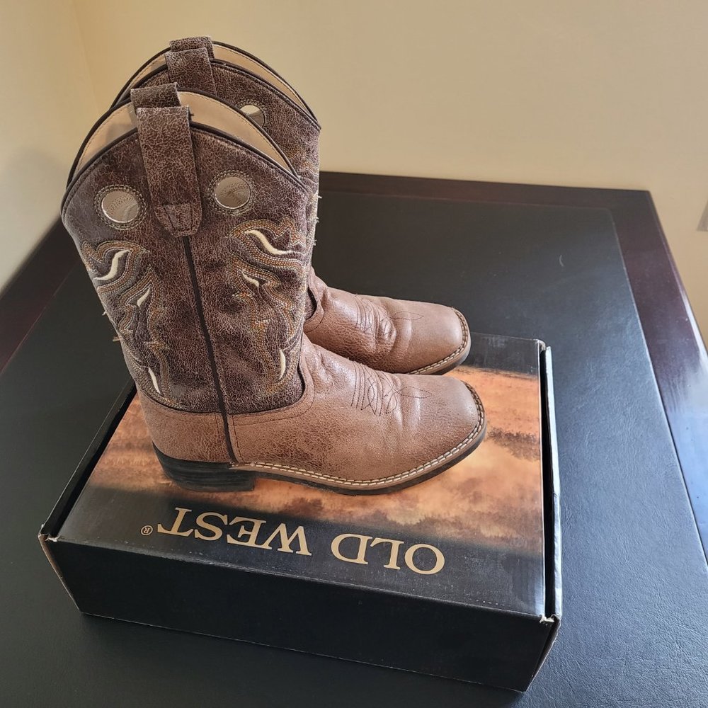 Old West Kids Tan and Brown Leatherette Wide Square Toe Western Boots